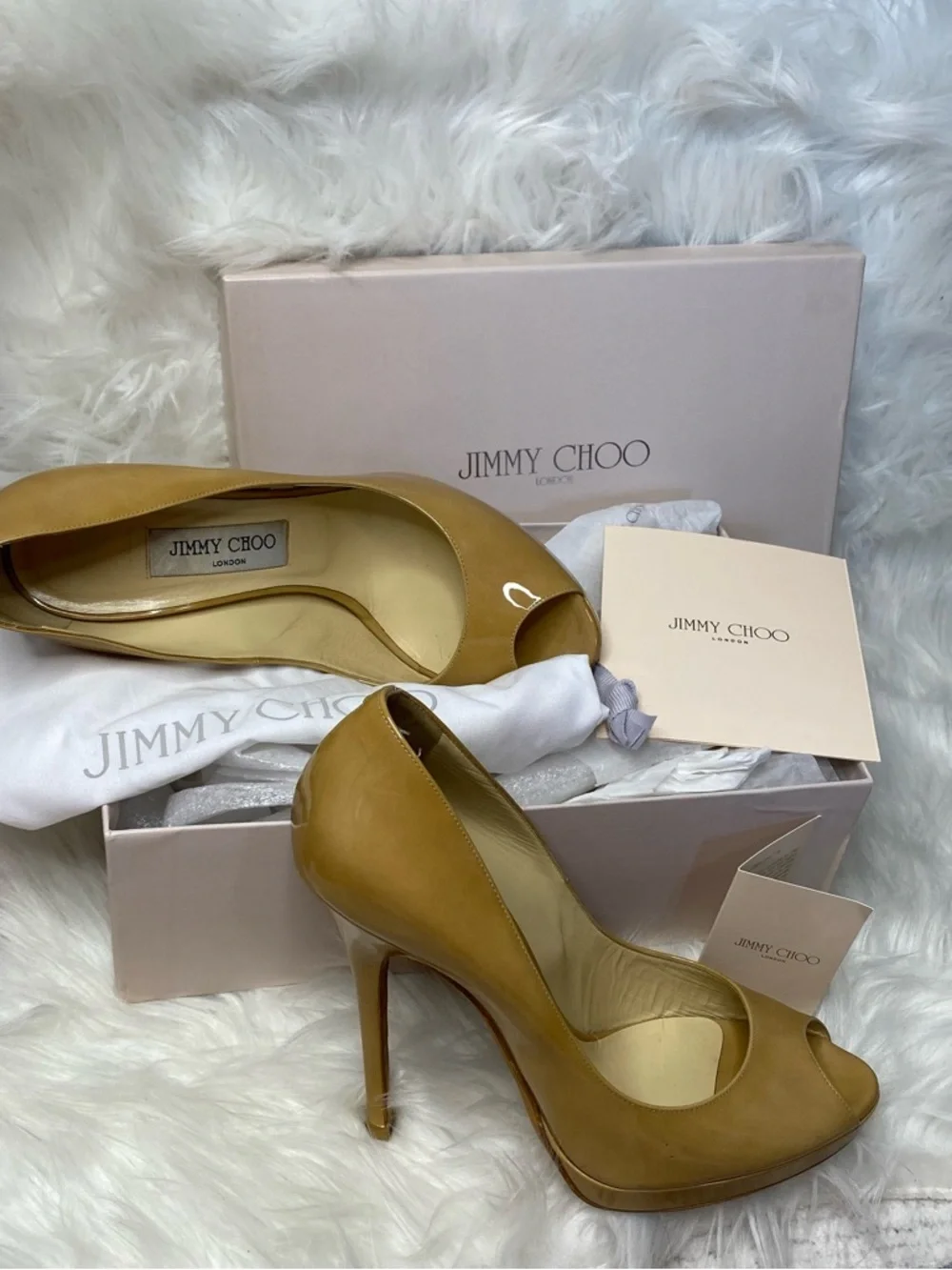Jimmy Choo “Crown” Circa 2012 Beige Leather Peep-Toe Stiletto Pumps Authentic. - Picture 12 of 17
